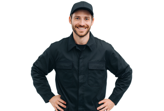 Successful smiling construction worker wearing black uniform and cap portrait isolated on transparent background construction site
