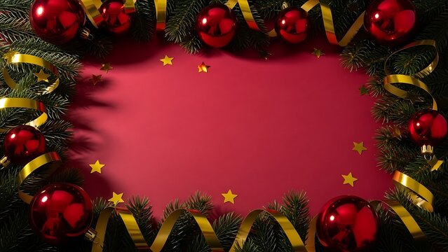 Festive Christmas Frame with Red Baubles and Gold Ribbon on Red Background - Powered by Adobe