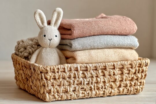 Cozy Baby Essentials with Soft Clothes and Bunny Toy in Wicker Basket