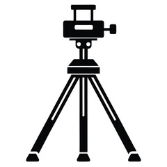 Black camera tripod stands securely on a white background in a simple icon style