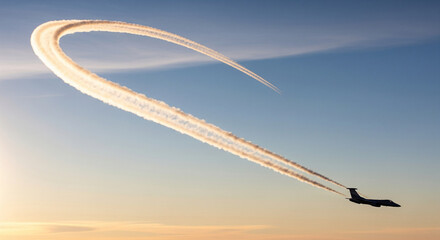 Jet airplane performs acrobatic maneuver leaving a dramatic contrail loop against a sunset sky