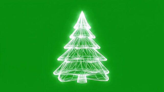 Isolated stylized polygon Christmas tree rotating slowly, composed entirely of bright white digital light lines on a pure chroma key green background futuristic, simple, polygon