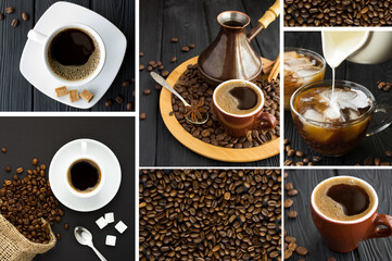 Coffee collage. Black coffee and coffee with milk in the cup on a dark background. Close-up.