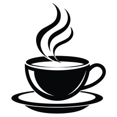 Black stylized coffee cup with steam swirls sits on a saucer gracefully