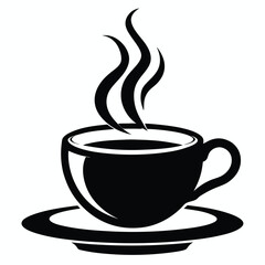 Black coffee in a cup with steam sits on a saucer; minimalist design