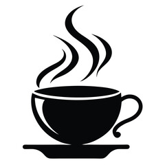 Black silhouette shows steaming cup on saucer for hot beverage simplicity is present