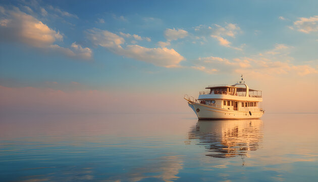 A large boat floating on the surface of calm waters, suitable for use in travel or leisure advertising