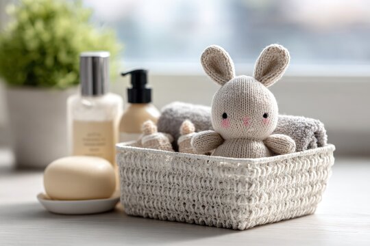 Baby Bath Essentials with Towels and Bunny Toy in Soft Light