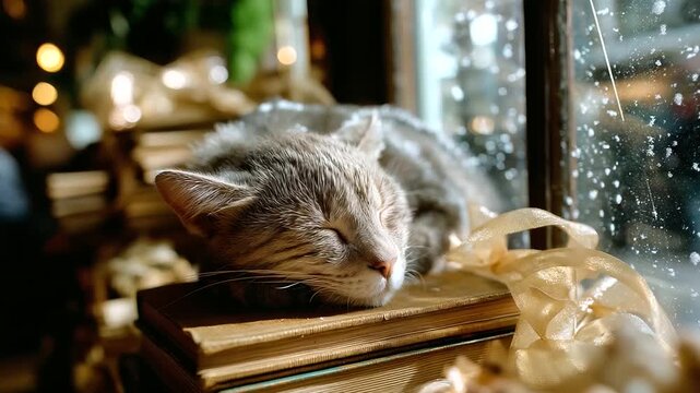 Antique bookstore holiday window, snow-flecked panes, first editions stacked with ribbon, cat sleeping on stool, serene charm, with copy space