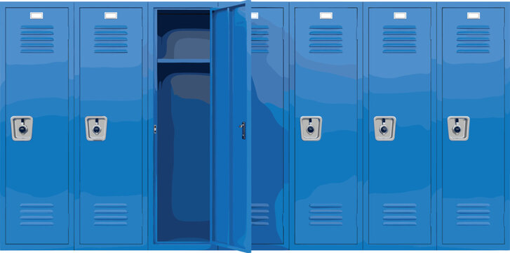 Row of Blue School Lockers Vector Illustration with One Door Open, Showing Interior Shelving and Metal Construction, Ideal for Education, Storage, and Institutional Security Concepts