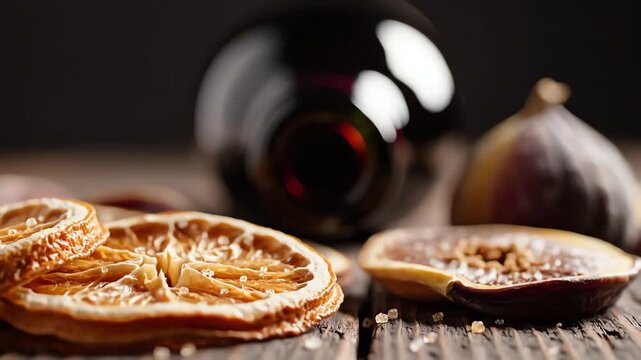 Macro rack focus pull capturing the glossy finish of a red wine bottle and the textured surface of dried fruit slices under dramatic cinematic studio lighting studio production