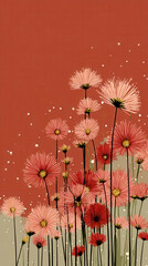 Stylized Illustration of Pink and Red Dandelion-like Flowers on a Terracotta Background