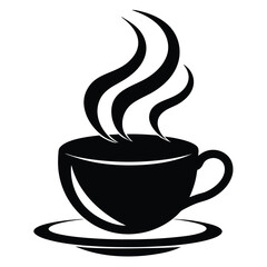 A steaming black cup sits on a saucer, showcasing its simple, iconic shape