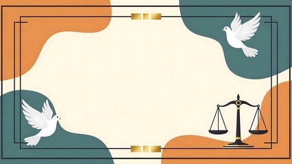 Abstract frame with doves scales of justice and neutral colors
