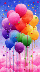 Vibrant Watercolor Painting of Colorful Balloons Floating in a Sky with Stars