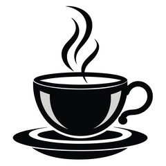 Stylish black cup showcasing steam, elegantly poised on a matching saucer displaying a clean aesthetic