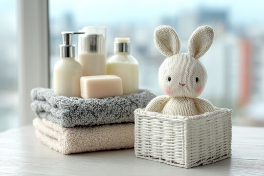 Baby Bath Essentials with Towels and Bunny Toy in Soft Light