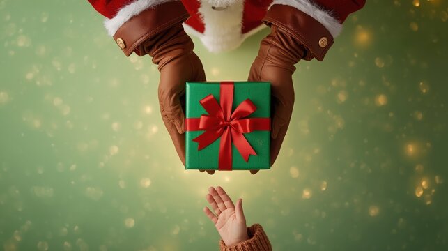 Santa claus holding a green gift box with a red ribbon above a child reaching for the present - Powered by Adobe