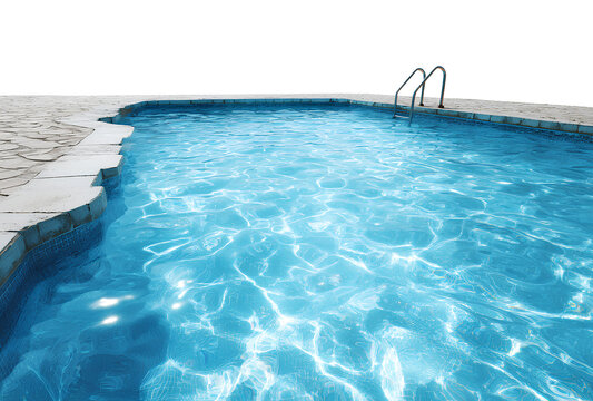 Swimming pool with clear blue water and stone tile border during day time with sunny reflection on surface