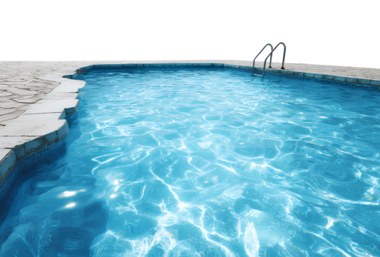Swimming pool with clear blue water and stone tile border during day time with sunny reflection on surface