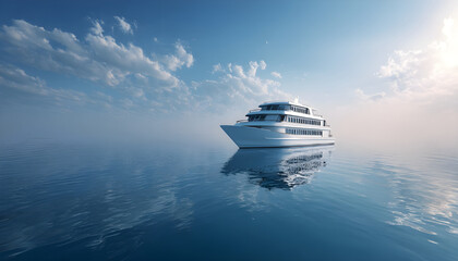 A large boat floating on the surface of calm waters, suitable for use in travel or leisure advertising