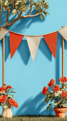 Outdoor Party Background with Orange Bunting, Flowers, and Blue Wall for Copy Space