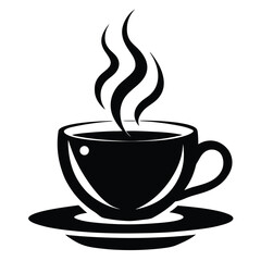 Black and white coffee cup with steam rests on a small saucer