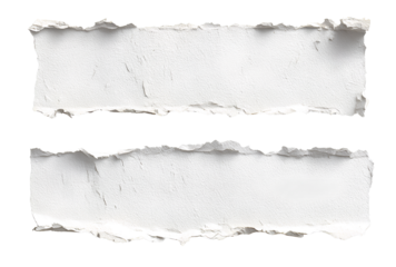 Two blank white torn paper sheets with ragged edges for note isolated on transparent background of design mockup
