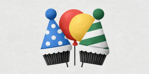 Whimsical Illustration of Two Cupcakes with Party Hats and a Floating Red Balloon on White