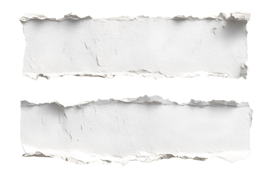 Two blank white torn paper sheets with ragged edges for note isolated on transparent background of design mockup