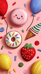 Cute and Colorful Birthday Party Flat Lay with Happy Macaron, Donut, Strawberry, and Balloons