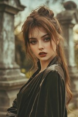 Gothic fashion and make-up portrait of a woman in a cemetery. Goth, Emo, New Wave influences. Dark style, smokey eyes, bold red lips. Elegant and dramatic.