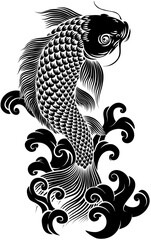 A koi carp coy fish. An original illustration in a vintage Japanese woodcut art style.