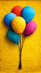 Vibrant Textured Multi-Colored Balloons Tied Together on a Bright Yellow Textured Background