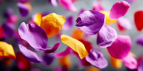 Close-up of Vibrant Purple, Pink, and Orange Petals Falling in Mid-Air with Shallow Depth of Field