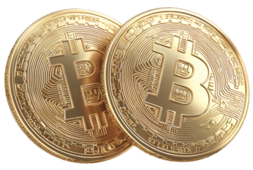 Two Gold Bitcoins Cryptocurrency Coins with Detailed Circuitry and Digital Currency Symbol on Transparent Background