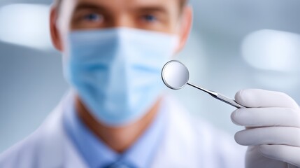 Male dentist wearing a blue surgical mask and white coat, holding a dental mirror, ready to examine a patient in a modern dental clinic with bright lighting and clean environment