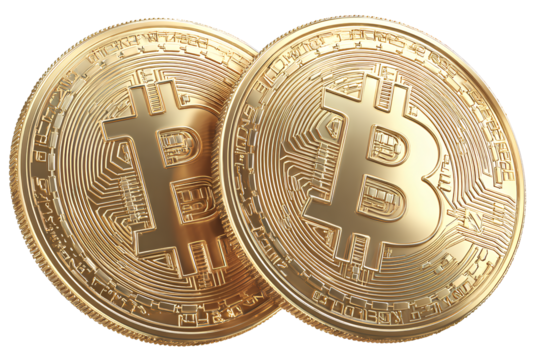 Two Gold Bitcoins Cryptocurrency Coins with Detailed Circuitry and Digital Currency Symbol on Transparent Background