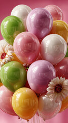 Glossy Pastel Balloons in Pink, Green, Yellow, and White with Gerbera Daisies for a Gentle Celebration