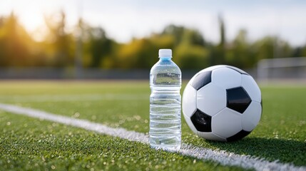 Clear plastic water bottle stands beside a black and white soccer ball on a lush green field, capturing the essence of sports hydration and outdoor activity