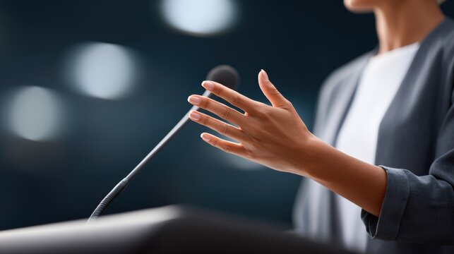 Female speaker gesturing passionately at a podium during a presentation, with blurred audience in the background, conveying confidence and engagement in public speaking