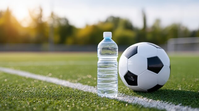 Clear plastic water bottle stands beside a black and white soccer ball on a lush green field, capturing the essence of sports hydration and outdoor activity