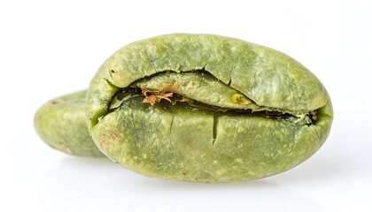 Macro shot revealing a single, unroasted coffee bean, showing its unique texture and internal structure in detail against white