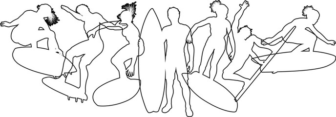 Surfer surfboard boarding male and female surfers surfing silhouette outlines. Men and women surf group design concept.