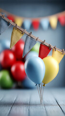 Rustic Party Setting with Blue and Yellow Balloons and Hanging Bunting Flags on a Wooden Table