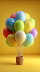 Colorful Pastel Balloons Rising from a Woven Basket on a Bright Yellow Background
