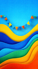 Vibrant Textured Background with Rainbow Wavy Layers and Miniature Bunting Banner Decoration