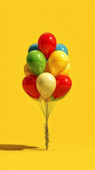 Vibrant Glossy Balloons in Primary Colors Clustered Together on a Bright Yellow Background
