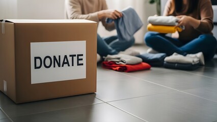 Cardboard box with DONATE label and people folding clothes in the background symbolizing charity and giving.