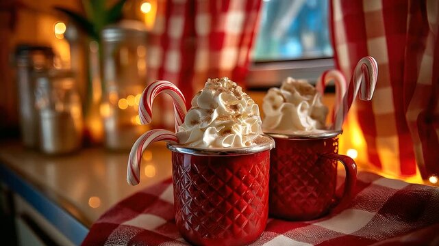 Retro kitchen cocoa bar, enamel mugs, peppermint sticks, whipped cream swirls, checkered curtains, warm tungsten glow, with copy space